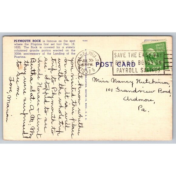 Postcard Massachusetts Plymouth Rock 1620 Linen Posted 1951 Stamp MA - Picture 2 of 2